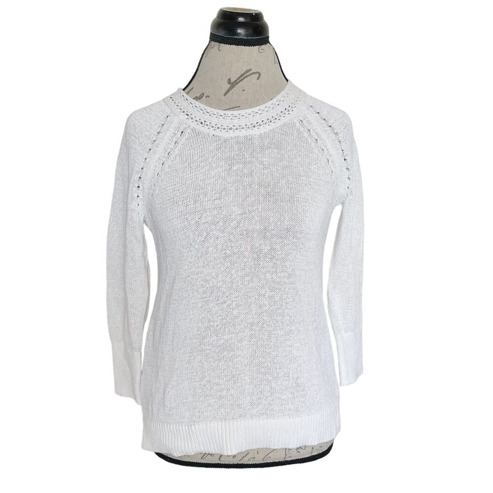 Loft Sweater Womens White Crochet Knit Size XS Long Sleeve Ribbed Solid Stretch